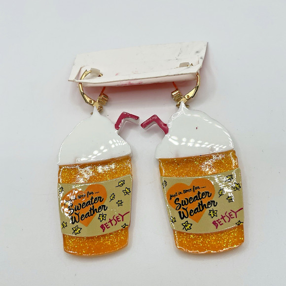 Betsey Johnson Pumpkin Spice Latte Drop Statement Earrings Goldtone - NWT - Picture 2 of 5
